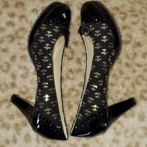 Diana Fantasy black / gold fleur de lis heels shoes, size 7